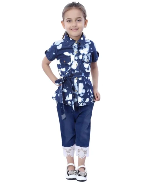 Generic Girl's Denim Tie & Dye Short Sleeve Top (Blue-White)