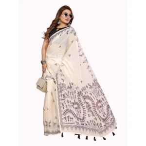 Generic Women's Linen Cotton Printed Saree With Unstitched Blouse 5.5Mtr (Off White)