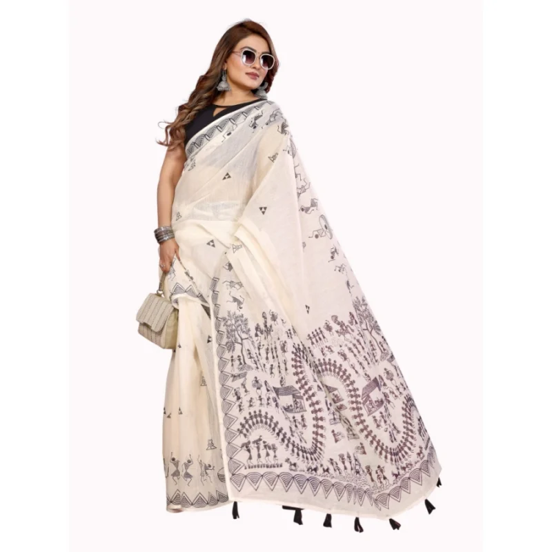 Generic Women's Linen Cotton Printed Saree With Unstitched Blouse 5.5Mtr (Off White)