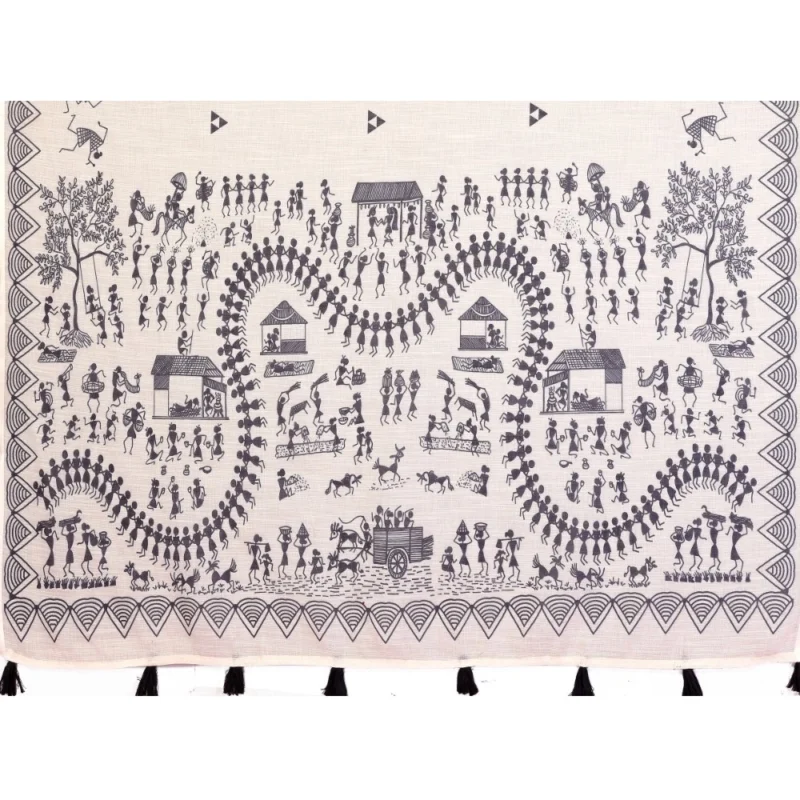 Generic Women's Linen Cotton Printed Saree With Unstitched Blouse 5.5Mtr (Off White)