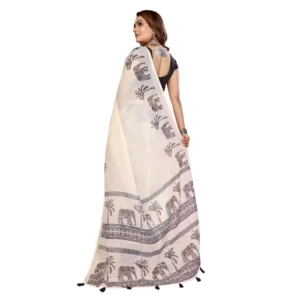Generic Women's Linen Cotton Printed Saree With Unstitched Blouse 5.5Mtr (Off White)