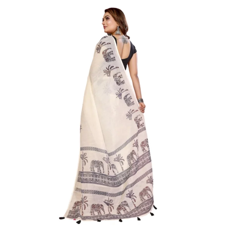 Generic Women's Linen Cotton Printed Saree With Unstitched Blouse 5.5Mtr (Off White)