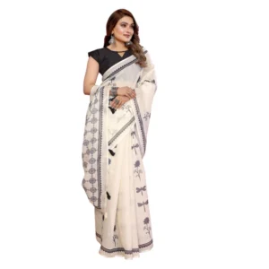 Generic Women's Linen Cotton Printed Saree With Unstitched Blouse 5.5Mtr (Off White)
