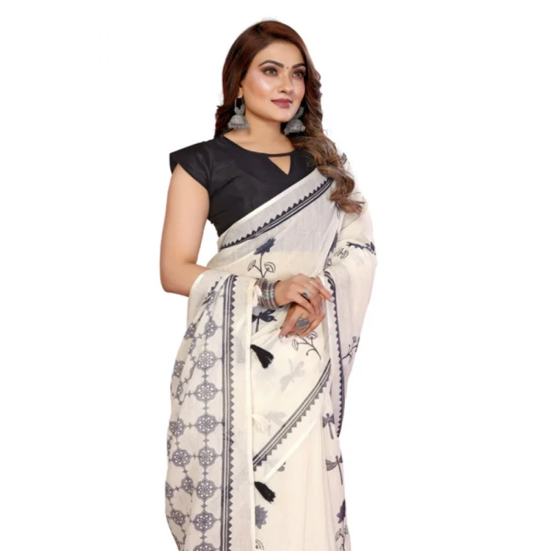 Generic Women's Linen Cotton Printed Saree With Unstitched Blouse 5.5Mtr (Off White)