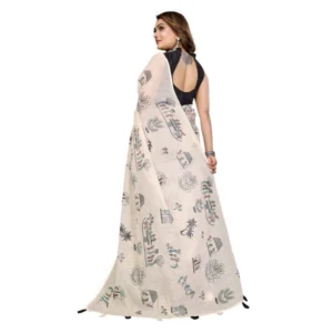 Generic Women's Linen Cotton Printed Saree With Unstitched Blouse 5.5Mtr (Off White)