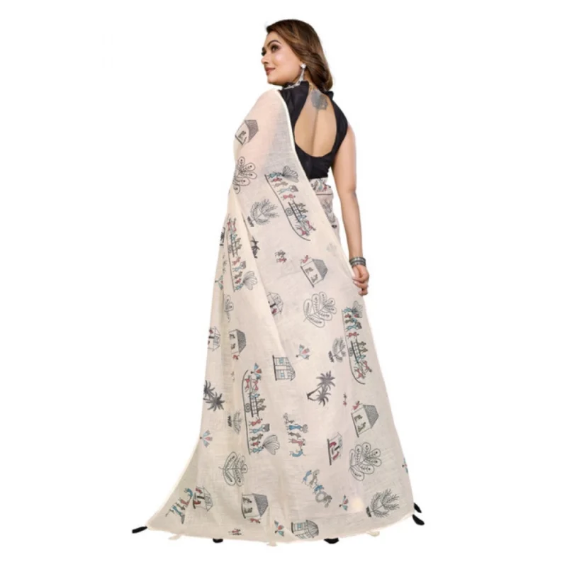 Generic Women's Linen Cotton Printed Saree With Unstitched Blouse 5.5Mtr (Off White)