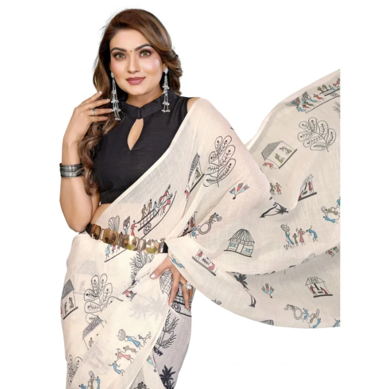 Generic Women's Linen Cotton Printed Saree With Unstitched Blouse 5.5Mtr (Off White)
