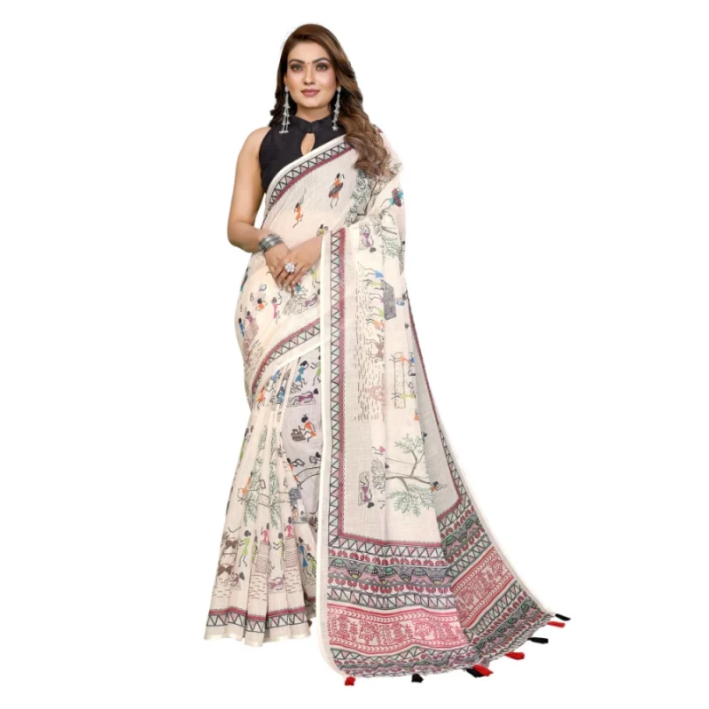 Generic Women's Linen Cotton Printed Saree With Unstitched Blouse 5.5Mtr (Off White)