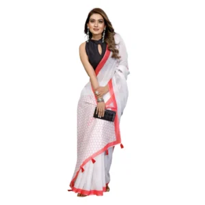Generic Women's Linen Cotton Printed Saree With Unstitched Blouse 5.5Mtr (White)