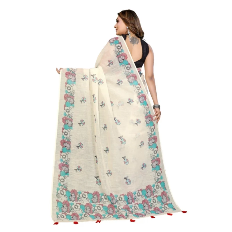 Generic Women's Linen Cotton Printed Saree With Unstitched Blouse 5.5Mtr (Off White)