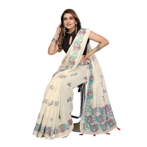 Generic Women's Linen Cotton Printed Saree With Unstitched Blouse 5.5Mtr (Off White)