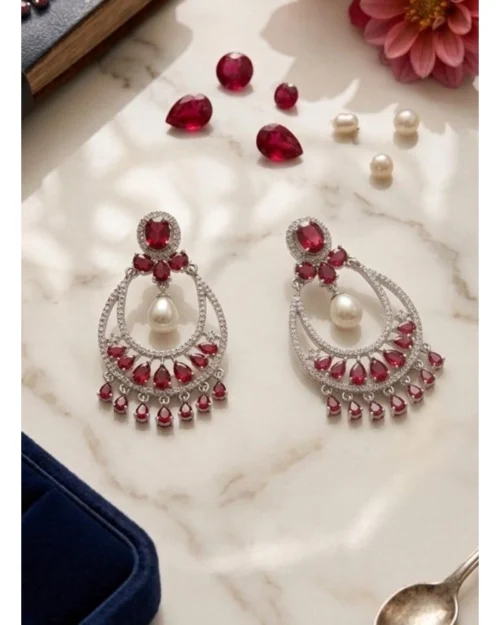 Generic Women's Brass Silver Plated Chandbali Earrings (Red)