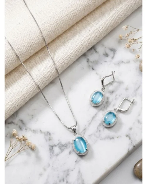 Generic Women's Brass Silver Plated Pendant Set (Blue)