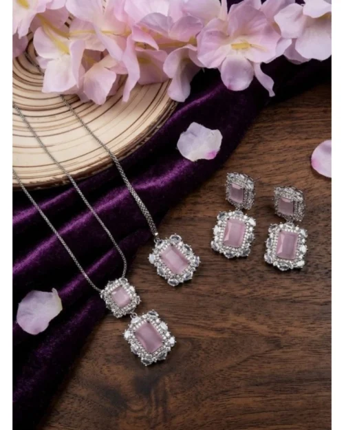 Generic Women's Brass Silver Plated Pendant Set (Pink)