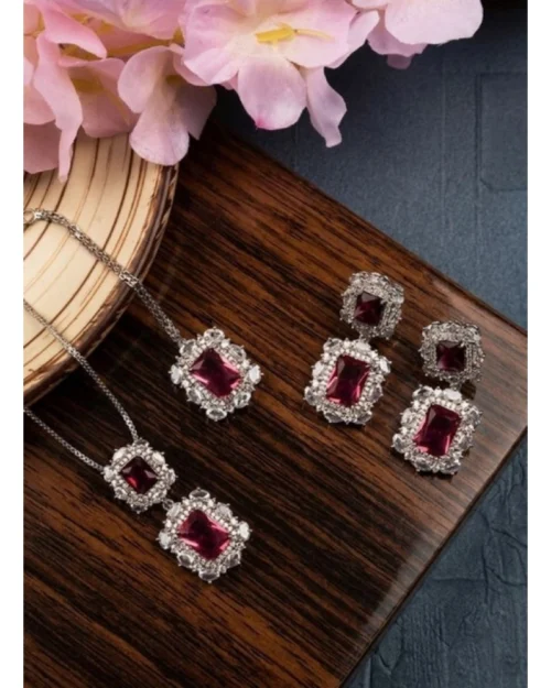 Generic Women's Brass Silver Plated Pendant Set (Red)