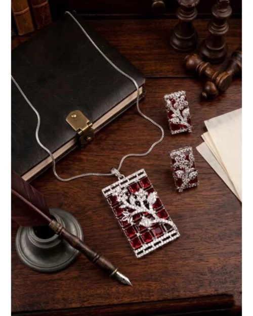 Generic Women's Brass Silver Plated Pendant Set (Red)