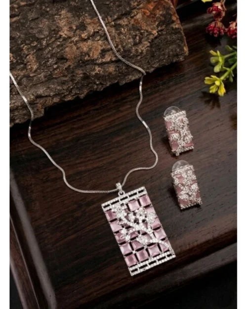 Generic Women's Brass Silver Plated Pendant Set (Pink)