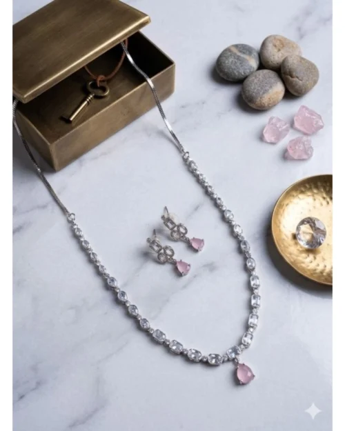 Generic Women's Brass Silver Plated Necklace set (Pink)