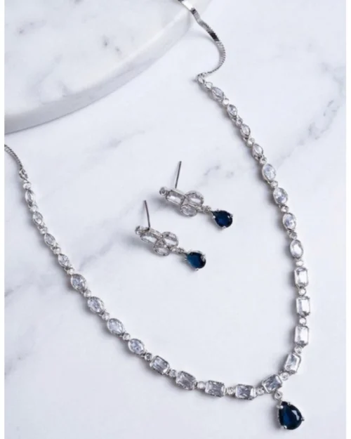 Generic Women's Brass Silver Plated Necklace set (Blue)