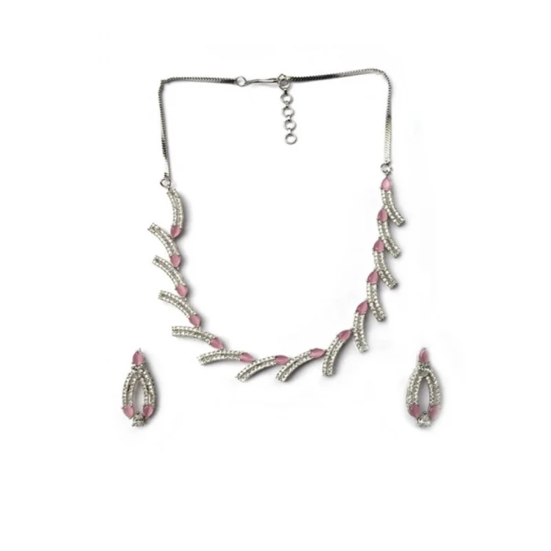 Generic Women's Brass Silver Plated Necklace set (Pink)