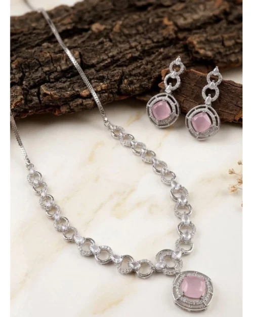 Generic Women's Brass Silver Plated Necklace set (Pink)
