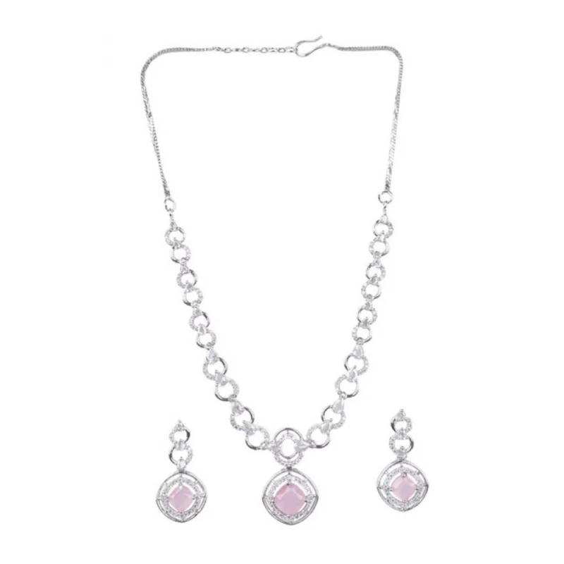 Generic Women's Brass Silver Plated Necklace set (Pink)