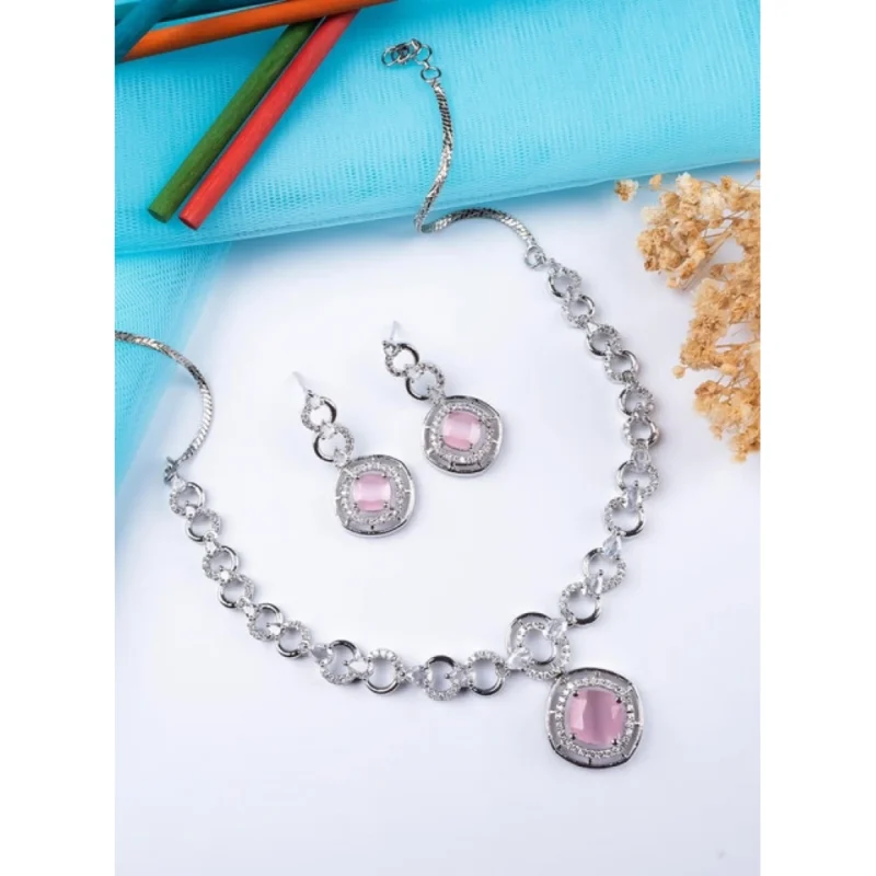 Generic Women's Brass Silver Plated Necklace set (Pink)