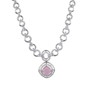 Generic Women's Brass Silver Plated Necklace set (Pink)