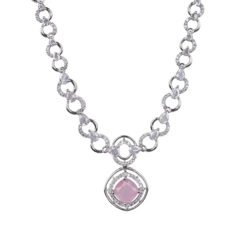 Generic Women's Brass Silver Plated Necklace set (Pink)