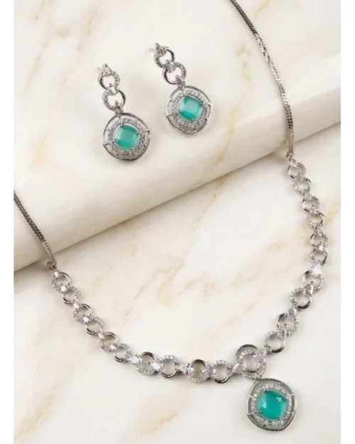 Generic Women's Brass Silver Plated Necklace set (Turquoise)