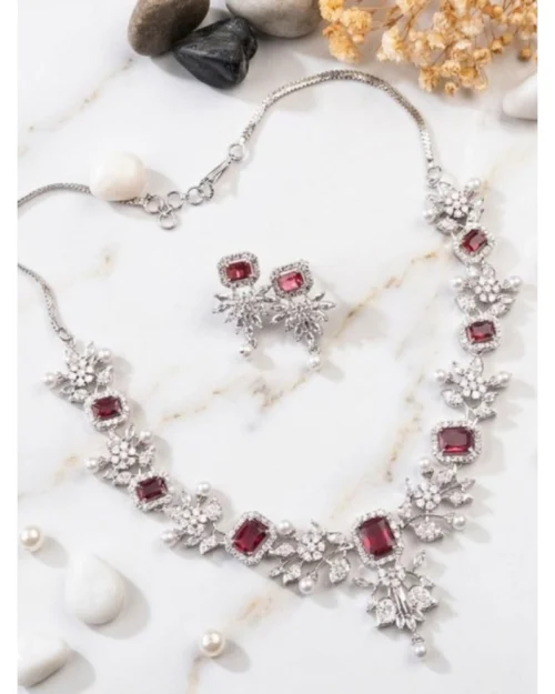 Generic Women's Brass Silver Plated Necklace set (Red)