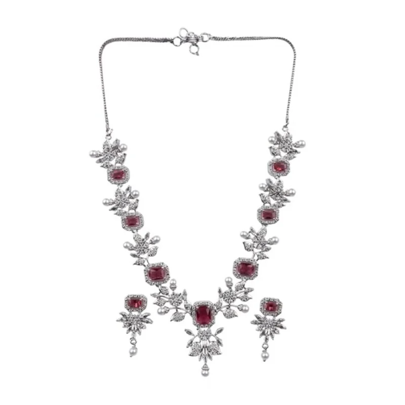 Generic Women's Brass Silver Plated Necklace set (Red)
