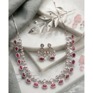 Generic Women's Brass Silver Plated Necklace set (Pink)