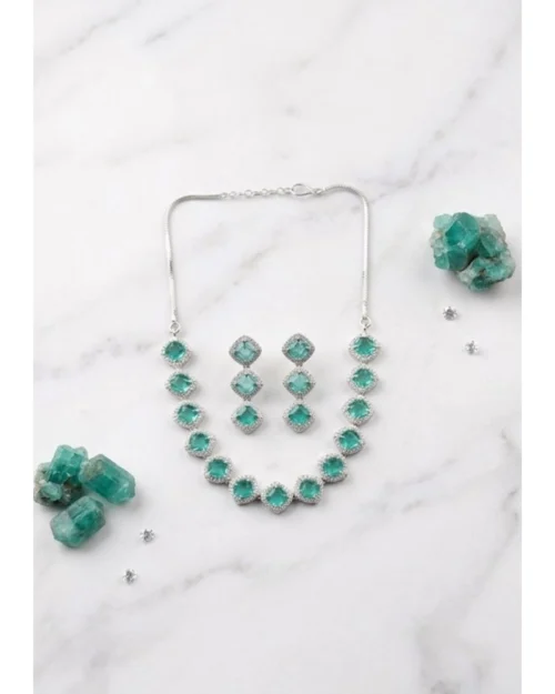 Generic Women's Brass Silver Plated Necklace set (Green)