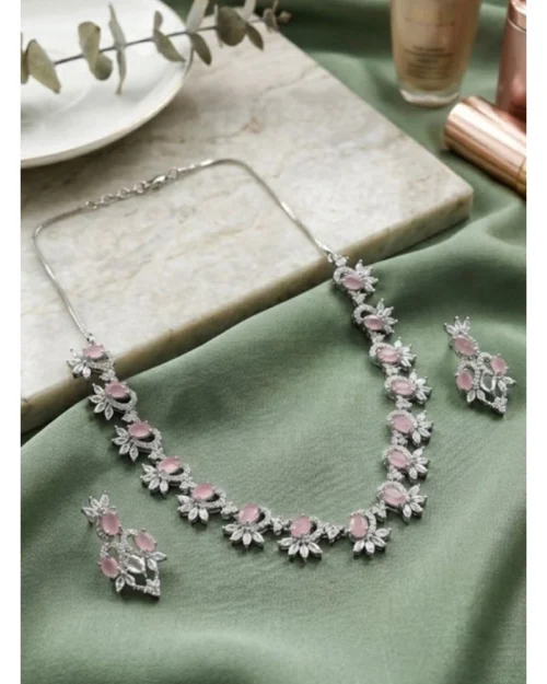 Generic Women's Brass Silver Plated Necklace set (Pink)