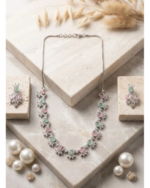 Generic Women's Brass Silver Plated Necklace set (Multicolor)