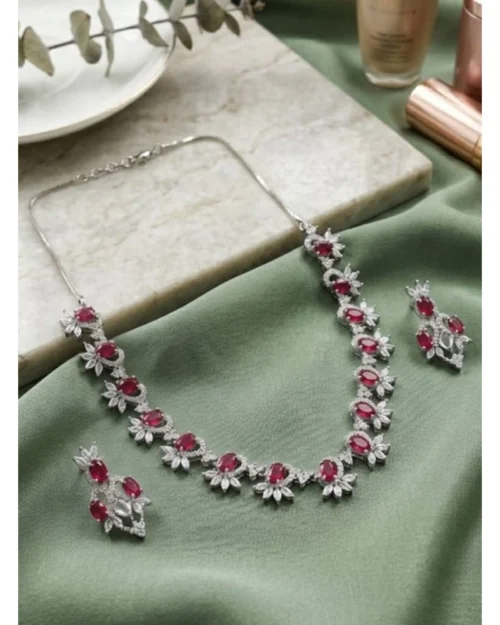 Generic Women's Brass Silver Plated Necklace set (Red)