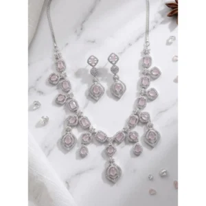 Generic Women's Brass Silver Plated Necklace set (Pink)