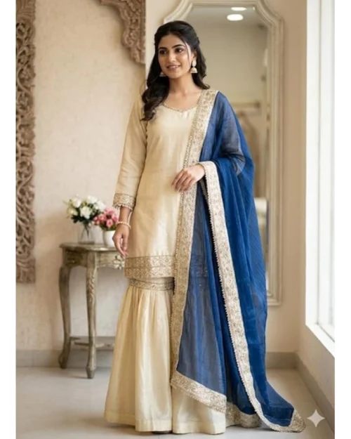 Generic Women's Silk Embroidered 3/4th Sleeve V-Neck Kurti With Sharara Pant and Dupatta Set (Cream & Blue)
