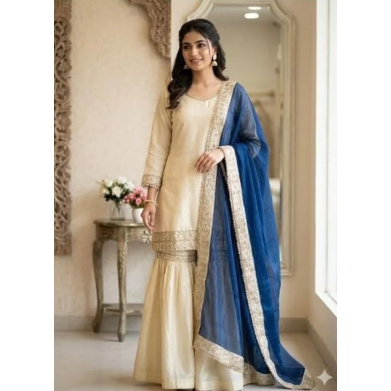 PID-66482-Women-s-Silk-Embroidered-3-4th-Sleeve-Round-Kurti-With-Palazzo-and-Dupatta-Set-Cream-4-1000x1000-1.webp Generic Women's Silk Embroidered 3/4th Sleeve V-Neck Kurti With Sharara Pant and Dupatta Set (Cream & Blue)