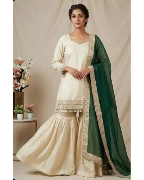 Generic Women's Silk Embroidered 3/4th Sleeve V-Neck Kurti With Sharara Pant and Dupatta Set (Cream & Bottle Green)