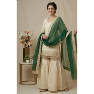 Generic Women's Silk Embroidered 3/4th Sleeve V-Neck Kurti With Sharara Pant and Dupatta Set (Cream & Bottle Green)
