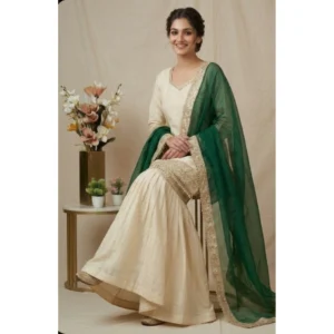 Generic Women's Silk Embroidered 3/4th Sleeve V-Neck Kurti With Sharara Pant and Dupatta Set (Cream & Bottle Green)
