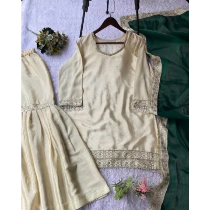 Generic Women's Silk Embroidered 3/4th Sleeve V-Neck Kurti With Sharara Pant and Dupatta Set (Cream & Bottle Green)