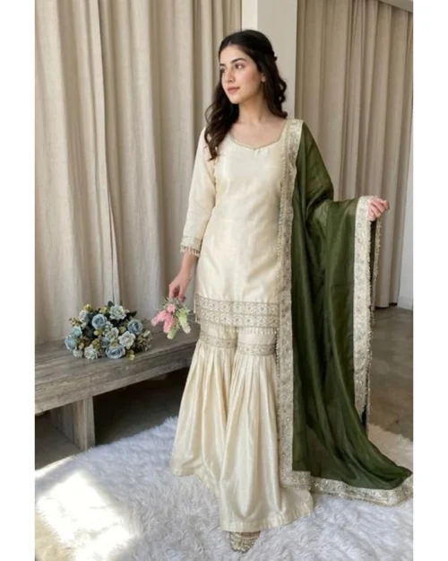 Generic Women's Silk Embroidered 3/4th Sleeve V-Neck Kurti With Sharara Pant and Dupatta Set (Cream & Green)