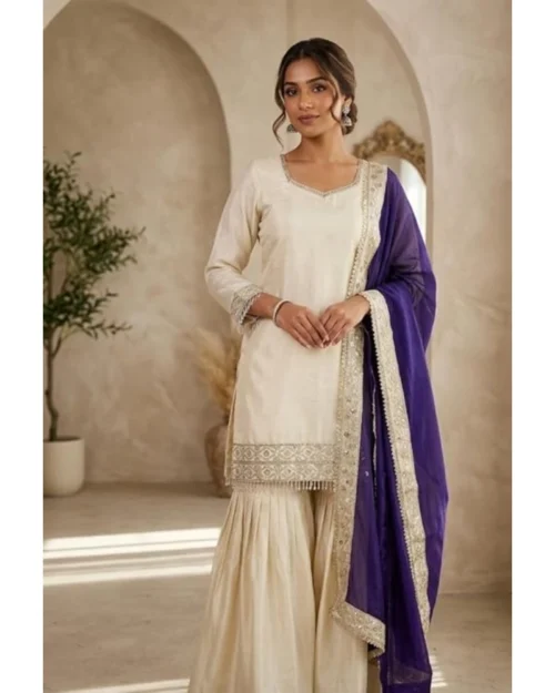 Generic Women's Silk Embroidered 3/4th Sleeve V-Neck Kurti With Sharara Pant and Dupatta Set (Cream & Purple)