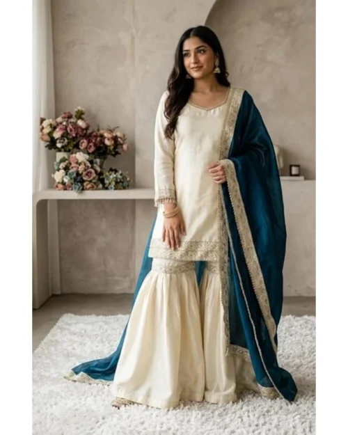Generic Women's Silk Embroidered 3/4th Sleeve V-Neck Kurti With Sharara Pant and Dupatta Set (Cream & Teal)