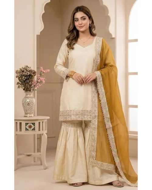Generic Women's Silk Embroidered 3/4th Sleeve V-Neck Kurti With Sharara Pant and Dupatta Set (Cream & Yellow)