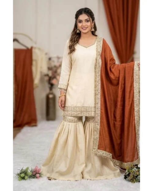 Generic Women's Silk Embroidered 3/4th Sleeve V-Neck Kurti With Sharara Pant and Dupatta Set (Cream & Orange)