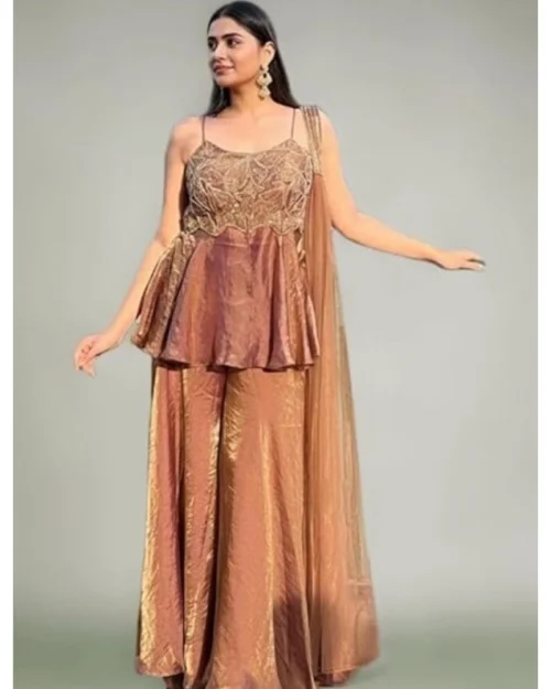 Generic Women's Silk Embroidered Sleeveless Round Kurti With Palazzo Pant and Dupatta Set (Brown)